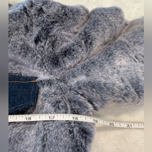 Mebon faux fur denim style coat plush blue outerwear white collar denim trim SM - Picture 8 of 11